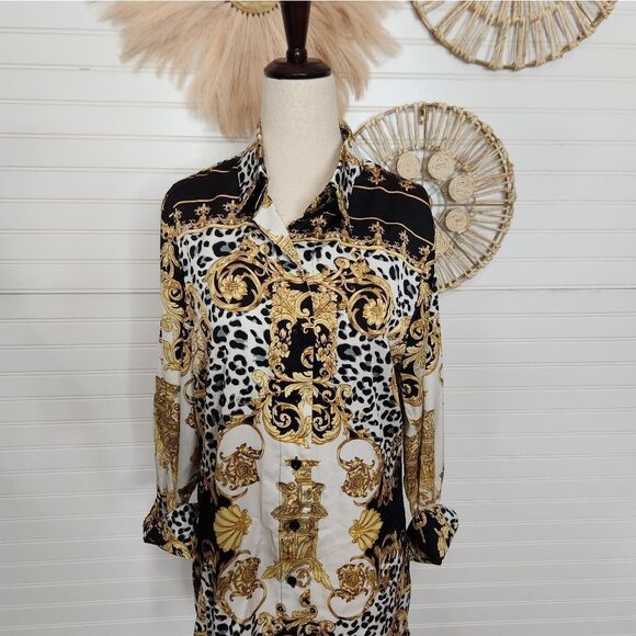 Adore Leopard and Gold Scroll Versace Inspired Tunic Shirt Small - Picture 2 of 9